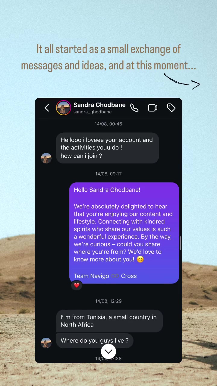 Story da Navigo com a primeira mensagem enviada pela Sandra