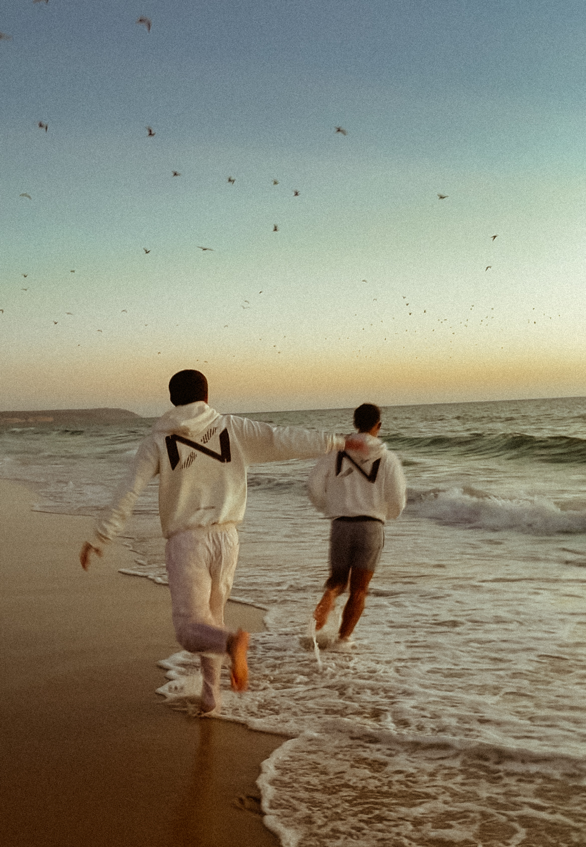 Amigos com roupa da Navigo ao pôr do sol